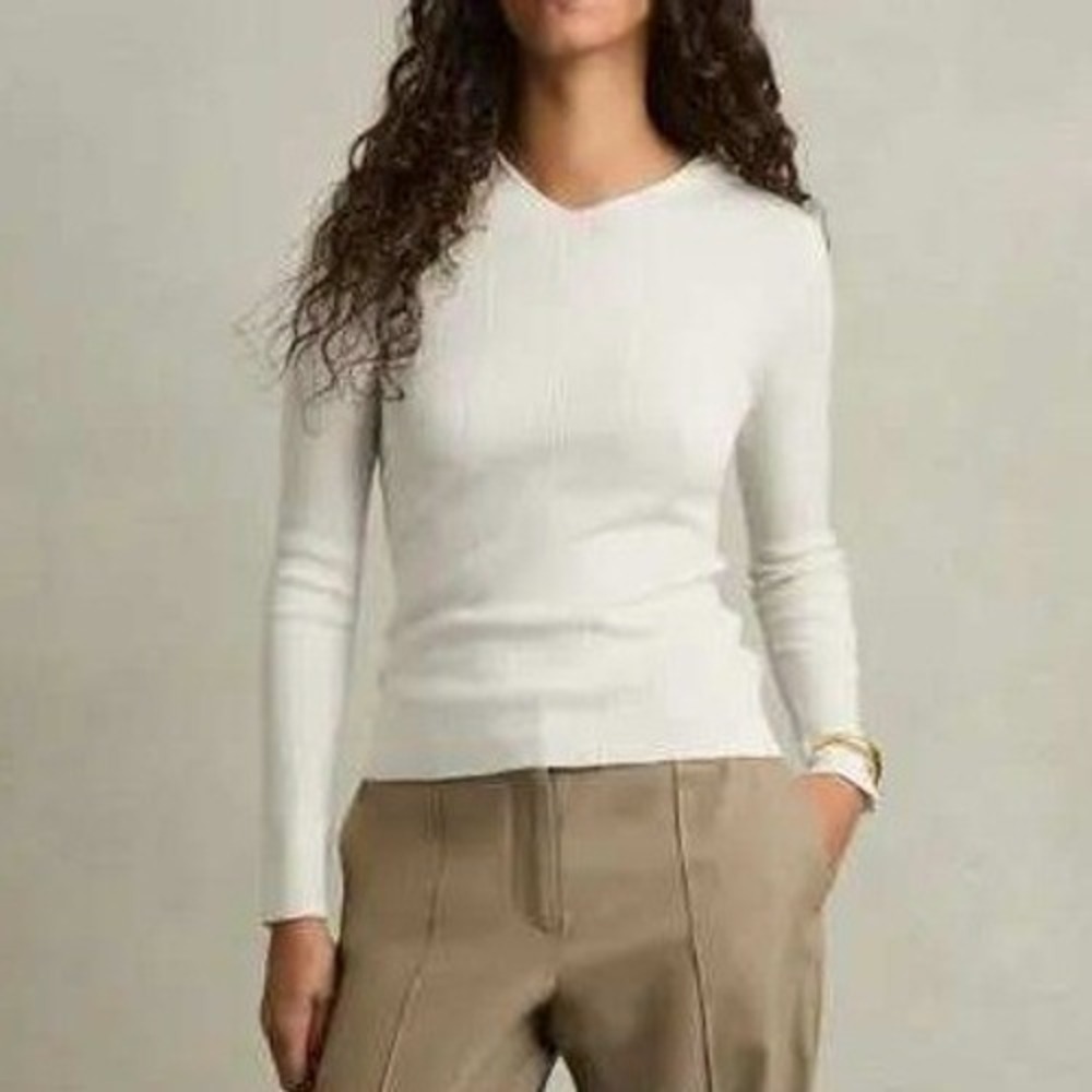 REISS Chloe Ribbed Long Sleeve Hoodie‎ Cream XL V Neck Drawstring Activewear